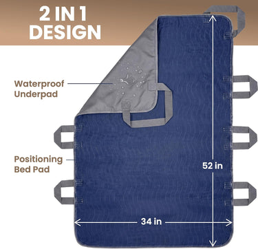 Washable Positioning Bed Pad with 8 Reinforced Handles – 34"x52" Waterproof, Quick-Dry, Absorbent Underpad for Elderly Care, Turning, Lifting & Incontinence Protection (Navy)