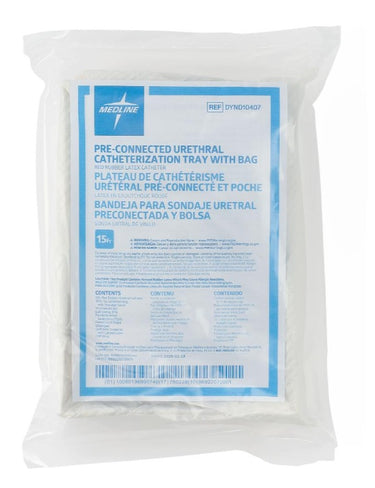 Medline Intermittent/Urethral Insertion with 15 Fr Red Rubber Catheter, Pre-Connected Drain Bag, Compact Packaging