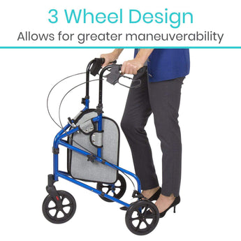 Vive Mobility 3 Wheel Lightweight Foldable Walker with Basket Bag